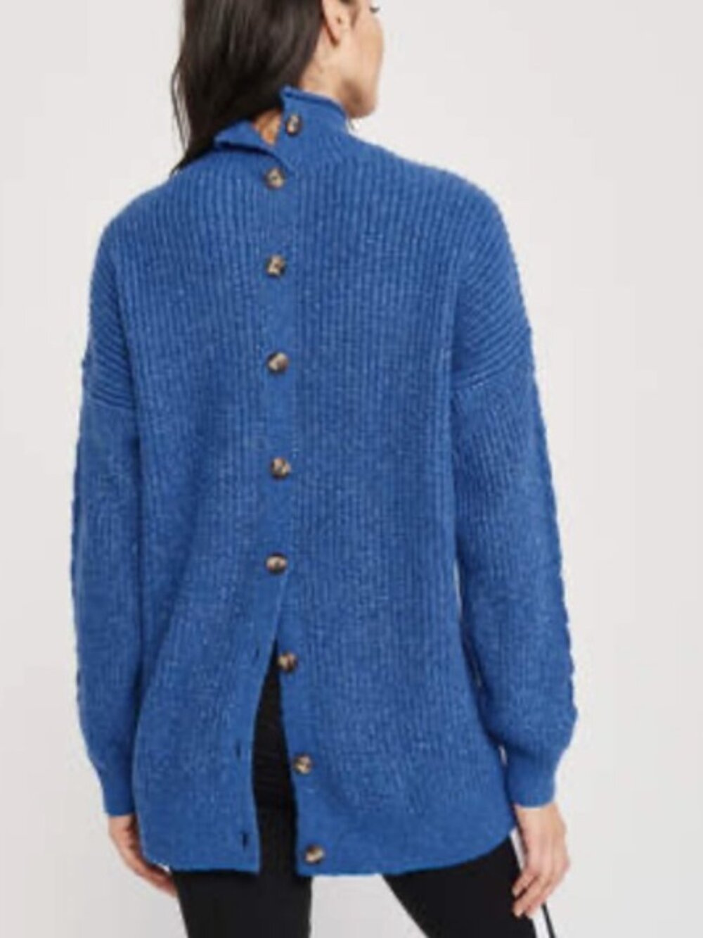 ABERCROMBIE & FITCH Cable Knit Funnel Neck Button Back Sweater Heathered Blue L
